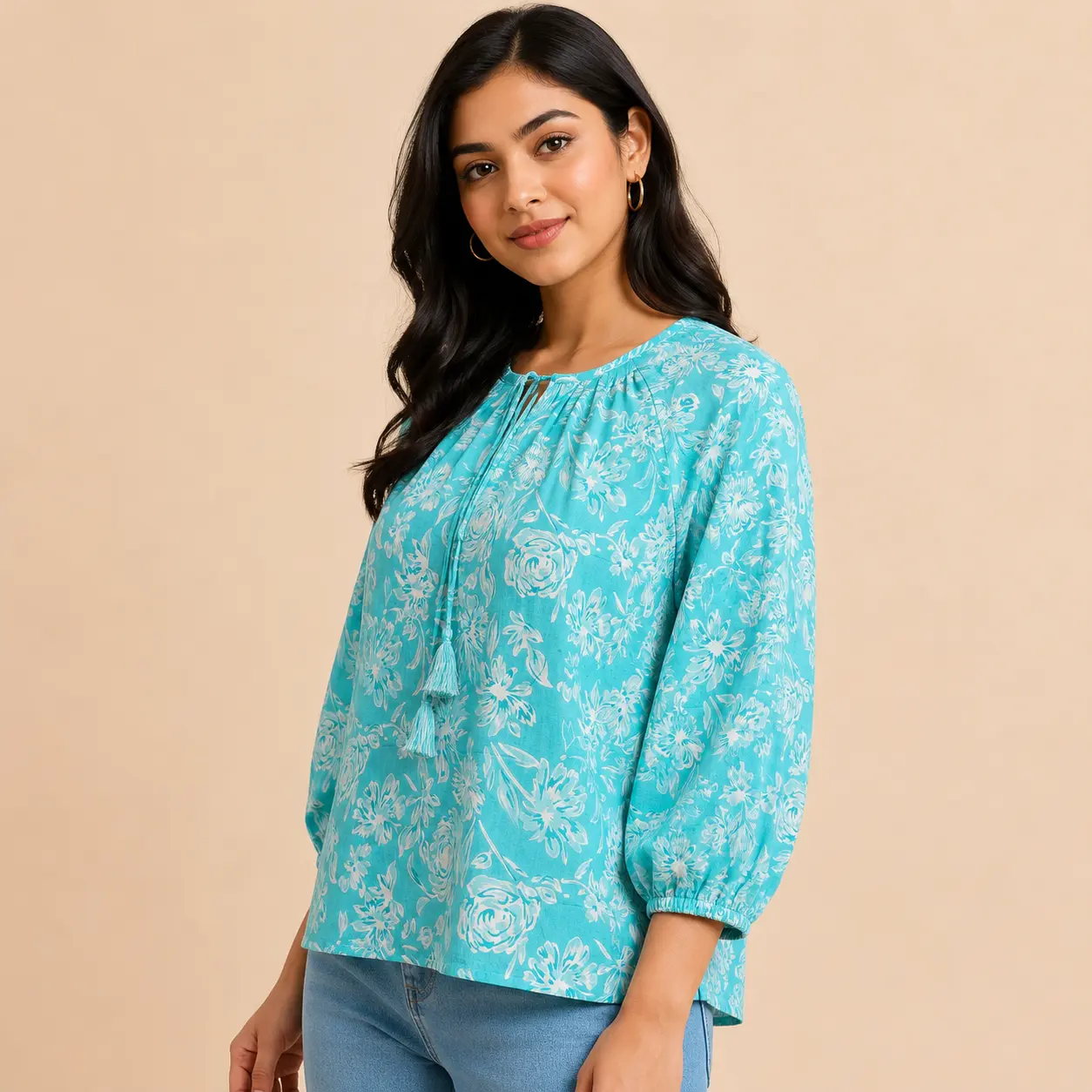 Women Floral Printed Cotton Top in Sky Blue - Image 3
