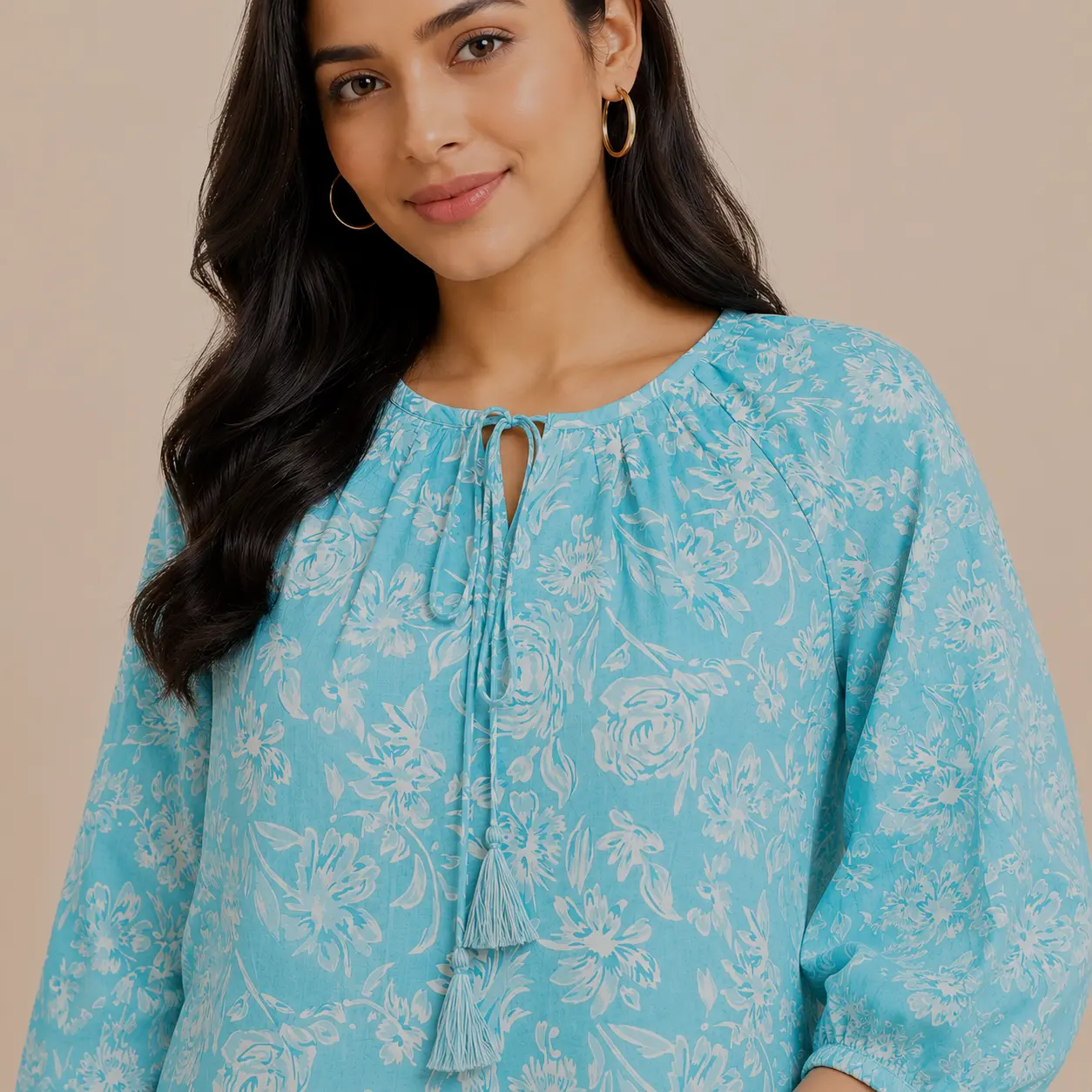 Women Floral Printed Cotton Top in Sky Blue - Image 4