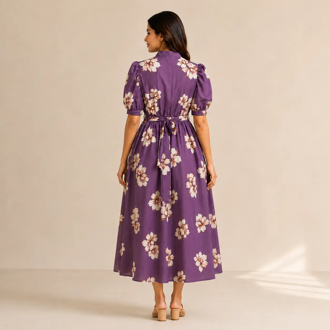 Back view of purple floral dress for women online with gathered elastic waist