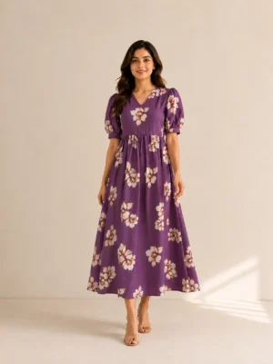 Purple floral print V-neck midi dress for women front view
