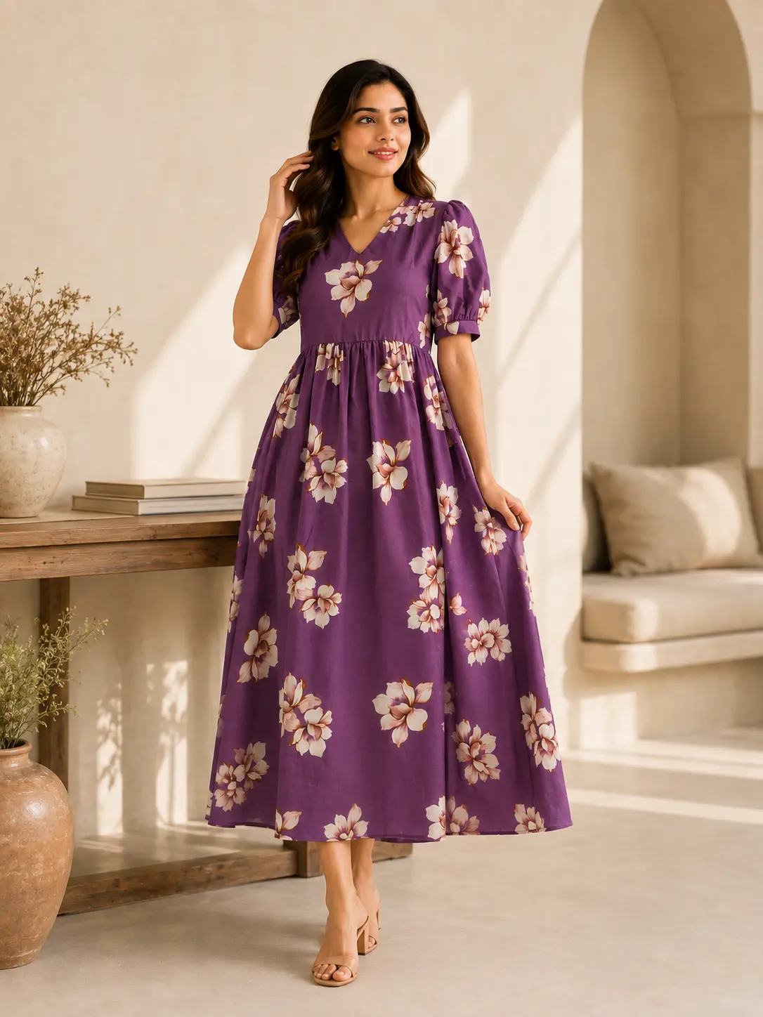 Lightweight poly crepe floral print midi dress for women in motion