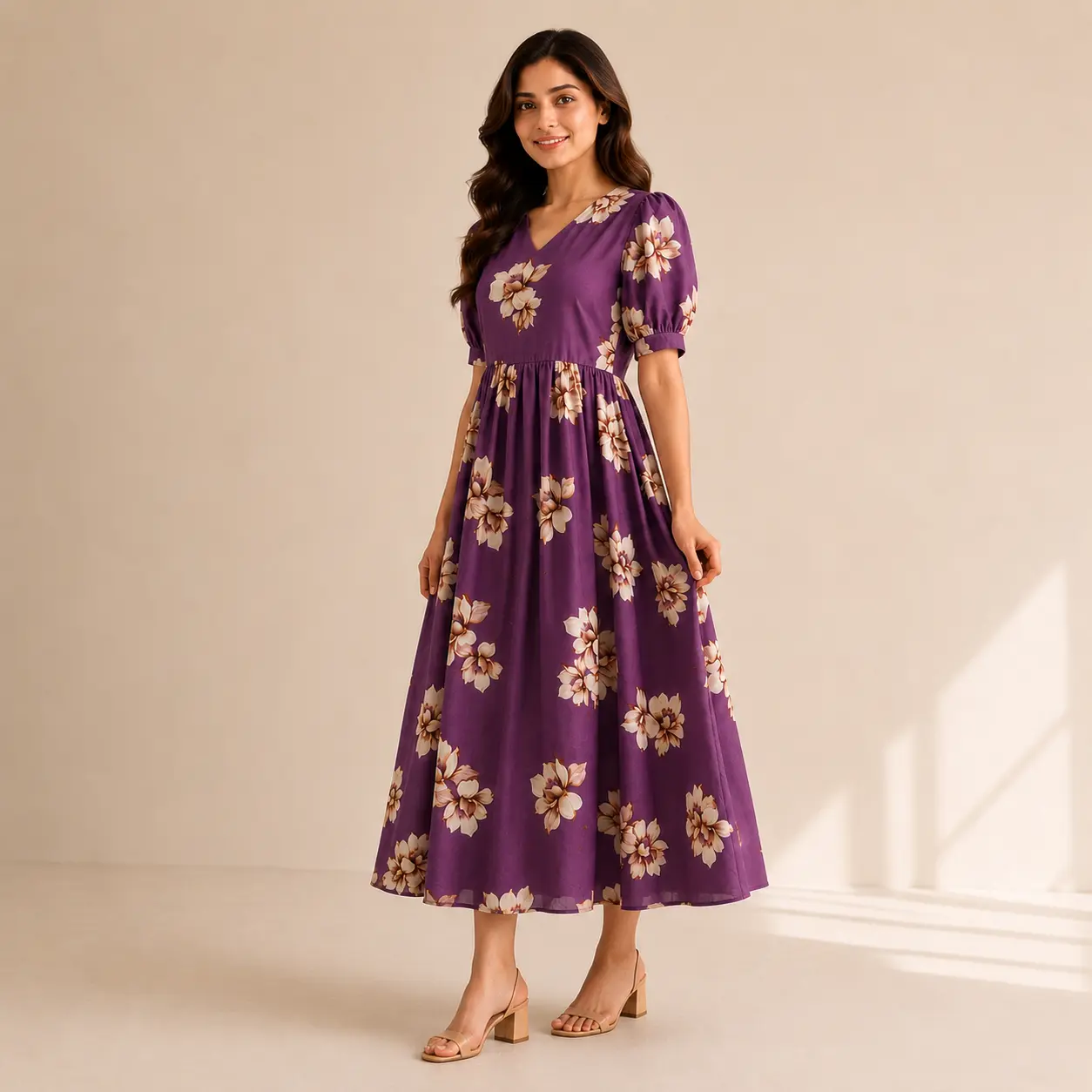 Side view of purple floral print midi dress for women showing fit and flare fit
