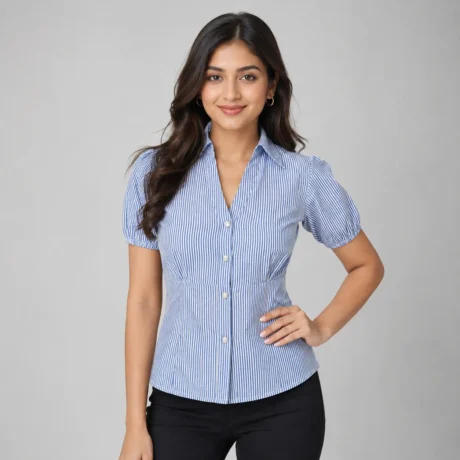 Blue and white striped women’s top with pearl buttons front view