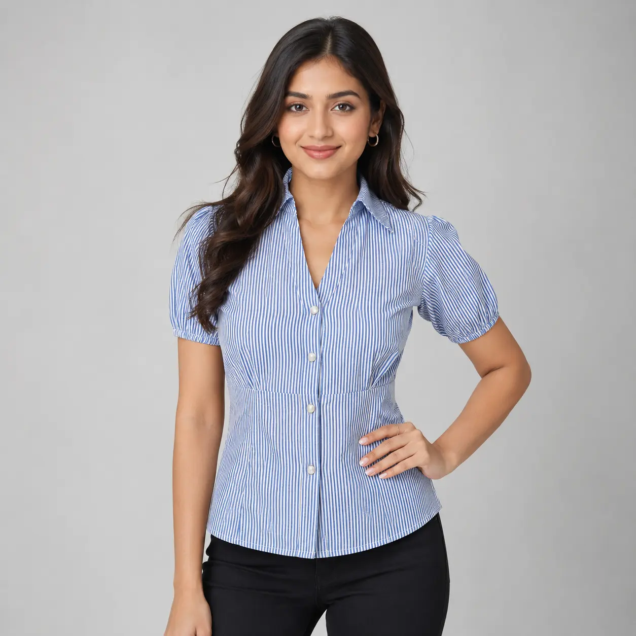 Blue and white striped women’s top with pearl buttons front view