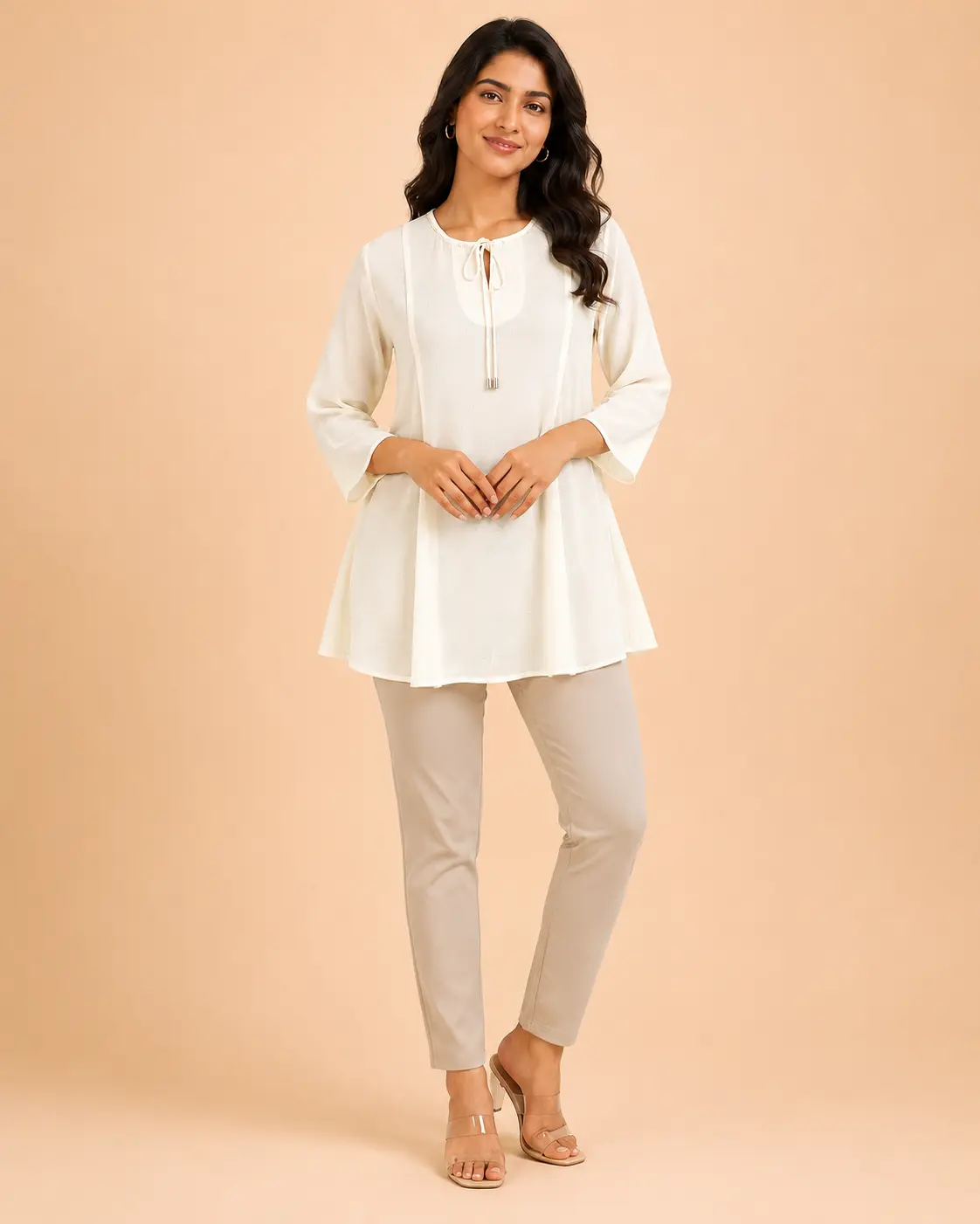 Elegant Off-White Georgette Tie-Neck Tunic Top - Image 4