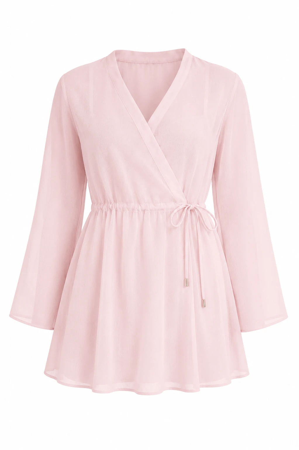 light pink georgette wrap tunic top with v neck tie waist and long bell sleeves front view