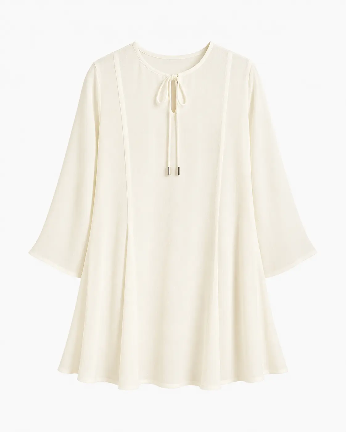 Women’s Off White Georgette Tunic Top – Round Neck Tie-Up Front, 3/4 Flared Sleeves, A-Line Fit
