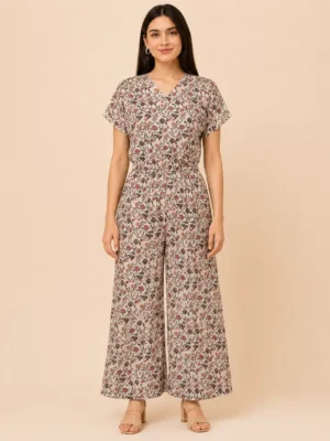 Voniva Fashion women's cream floral print wide leg jumpsuit with V neckline and short sleeves
