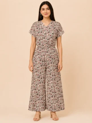 Voniva Fashion women's cream floral print wide leg jumpsuit with V neckline and short sleeves