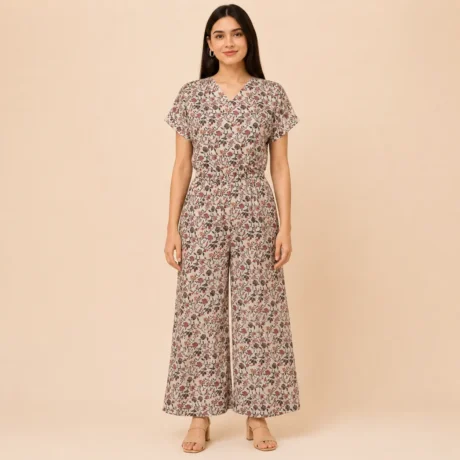 Voniva Fashion women's cream floral print wide leg jumpsuit with V neckline and short sleeves