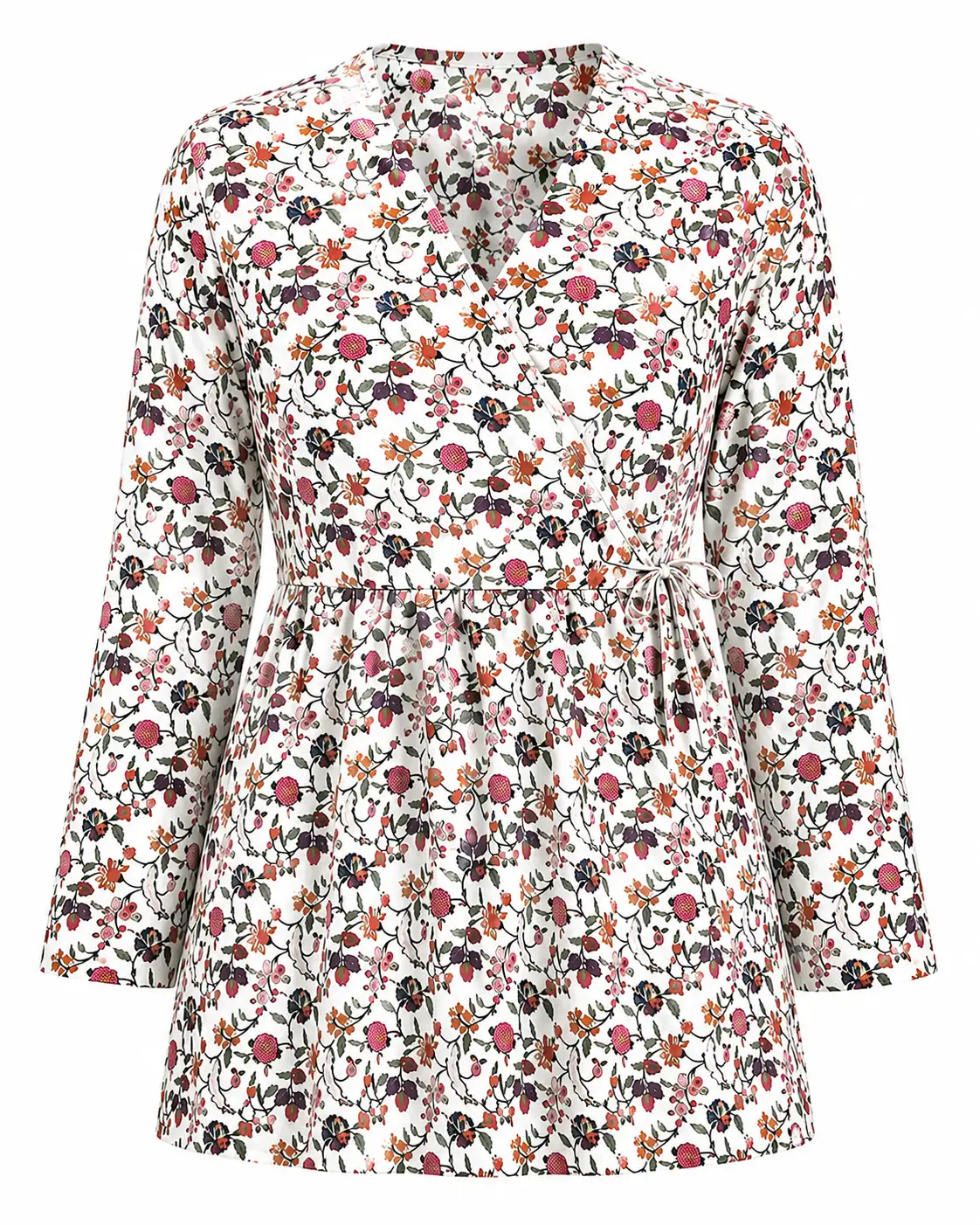 Women floral print cotton blend wrap style kurti with V-neck and waist tie on white background