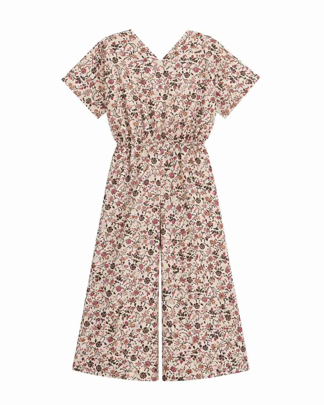Women Floral Jumpsuit – Cream Printed V-Neck Short Sleeve Wide Leg One-Piece