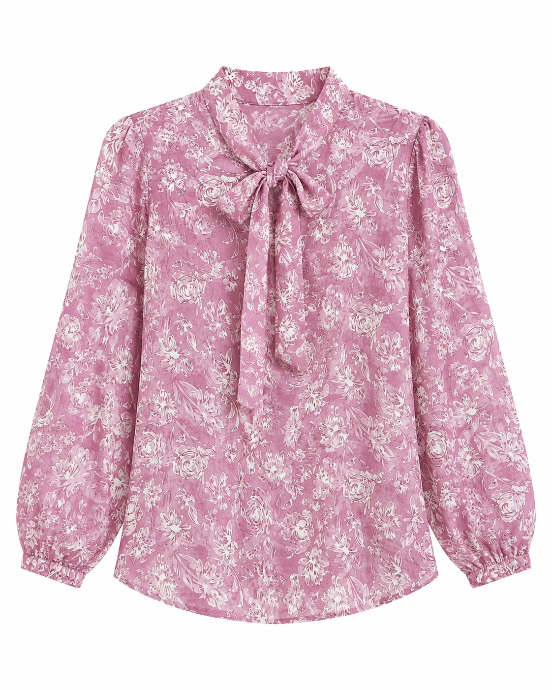 Women’s Pink Floral Blouse – Tie-Up Neck Long Puff Sleeve Printed Top