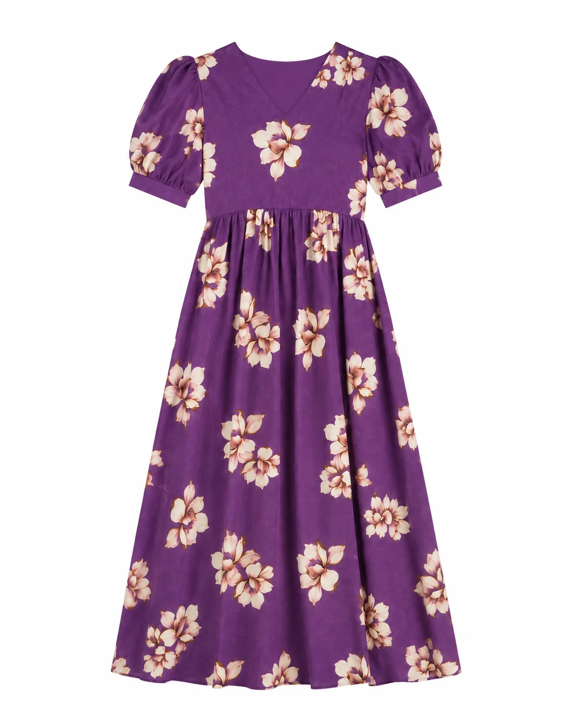 Women Purple Floral Maxi Dress – V-Neck Puff Sleeve Ankle-Length Flared Dress