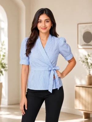 Women Blue & White Striped Wrap Top with V-Neck Puff Sleeves and Side Tie-Up Front View by Voniva Fashion