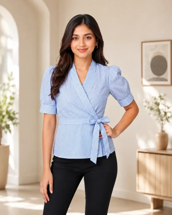 Women Blue & White Striped Wrap Top with V-Neck Puff Sleeves and Side Tie-Up Front View by Voniva Fashion