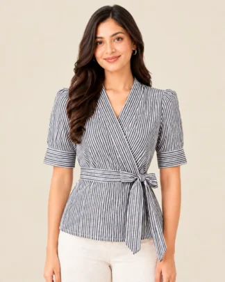 Alt Text: Women wearing coffee and white striped cotton blend wrap top front view with side tie bow